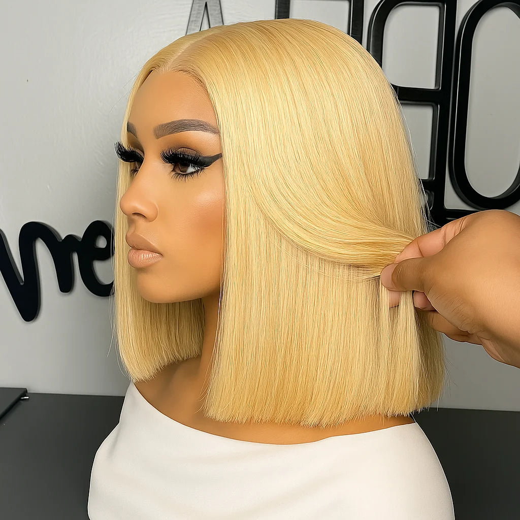 613 Blonde Short Bob Wig Human Hair 13x4 Lace Front Wigs Human Hair Pre Plucked Transparent Lace 180% Density Lace Frontal Wig