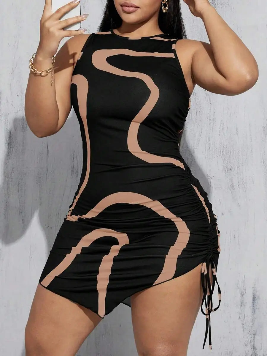 Plus Size Women Summer Bodycon Dress With Drawstring Asymmetrical Print Black