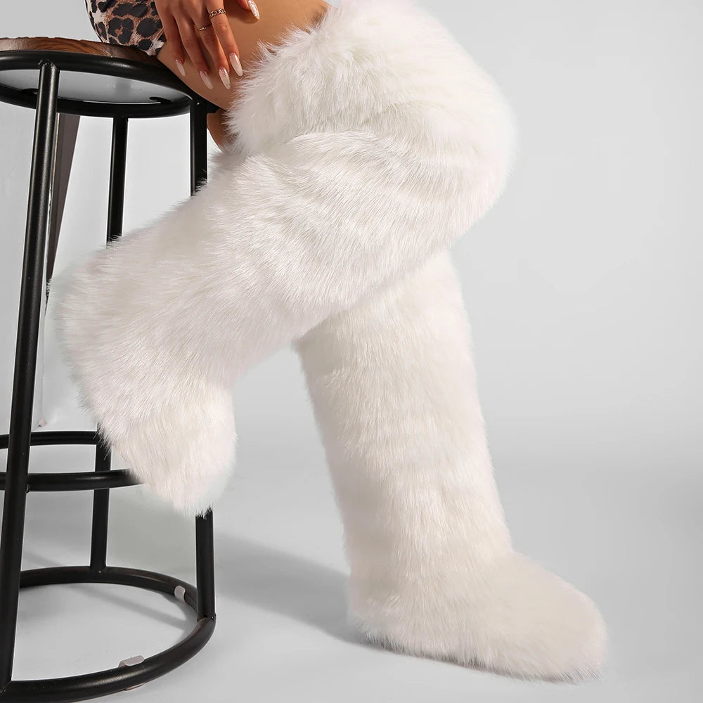 Women's Cozy Faux Fur over the Knee Boots Thigh High Fluffy Y2K Furry Fuzzy Warm Outdoor Comfortable Girls Boot