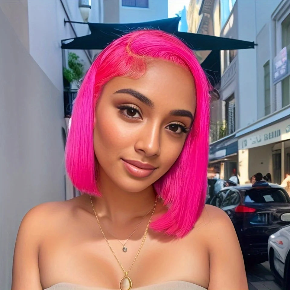 Hot Pink Color Short Straight Bob Wig 180% Density 13x4 Lace Front Human Hair Wig Perfect For Creating A Natural Look