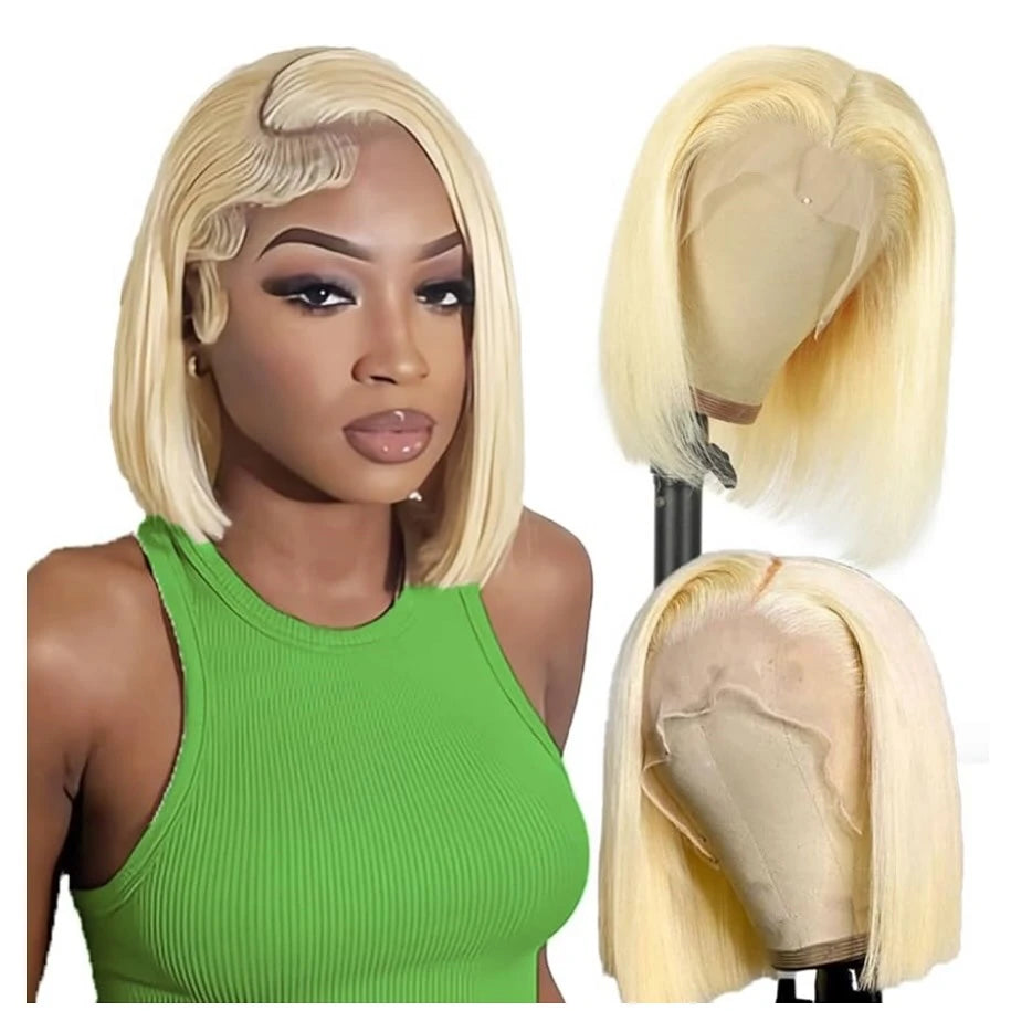 613 Honey Blonde 13x4 HD Transparent Lace Short Bob Wig Pre-Plucked Straight Full Frontal Human Hair Wig for Women