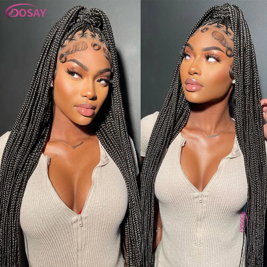 36Inch Burgundy Synthetic Long Box Braided Wig Full Lace Straight Knotless Cornrow Braid with Baby Hair for Women