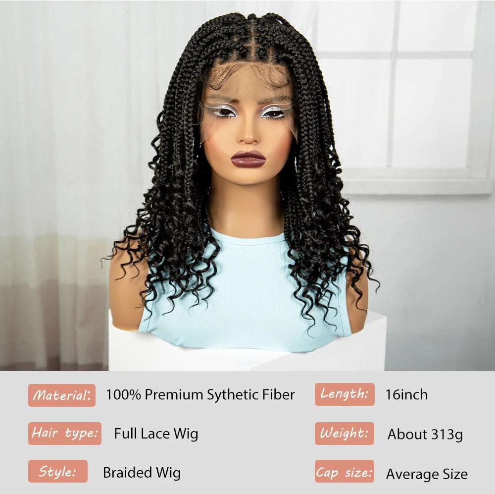 Knotless Box Boho Braided Wigs with Curly Ends Synthetic Full Lace Braided Lace Wigs Short Braided Bob Wig for Black Women