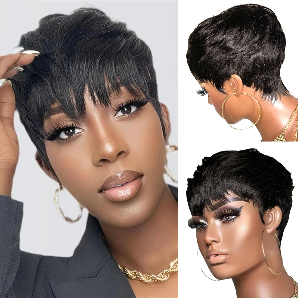 Short Human Hair Wigs Pixie Cut Straight Remy Brazilian Hair for Black Women Machine Made Wigs