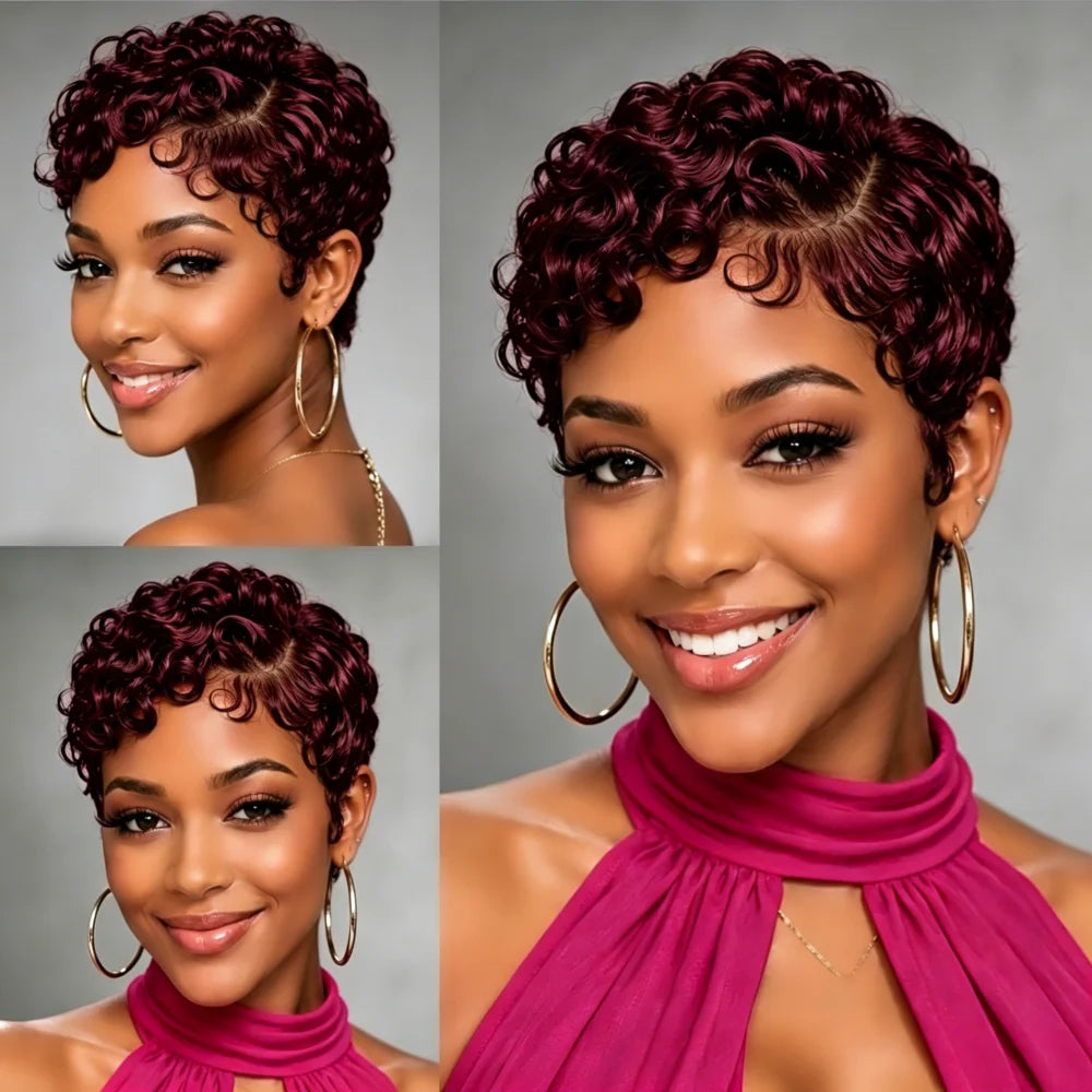 13x4 Lace Front Short Curly Human Hair Wig, Tiny Curls Pixie Cut Hair Wigs for African American Women