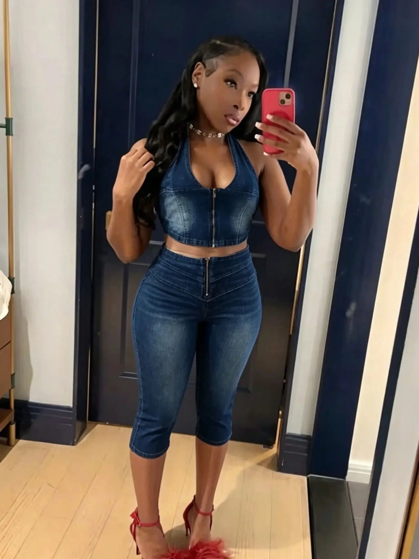 Cutenew Women Denim 2 Piece Set  Summer Halter Wrap Chest Backless Zip Halter Tops+Shorts Matching Hipster Vintage Streetwear