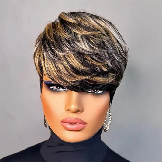 Pixie Cut Wig Human Hair Wigs for Black Women Full Machine Made Wigs Short Layered Haircut Wigs with Bangs Cheap Wigs For Women