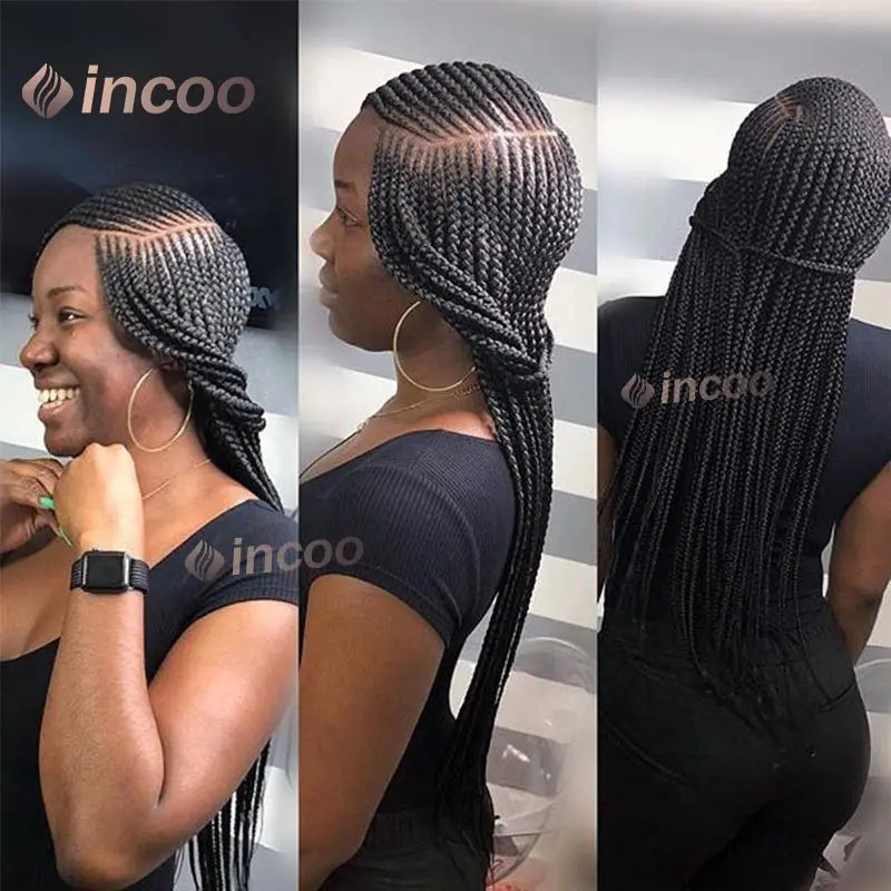 36" Cornrow Braided Wigs Synthetic Handmade Side Part Braided Wig Full Lace Frontal Braiding Wig Goddess Knotless Box Braids Wig