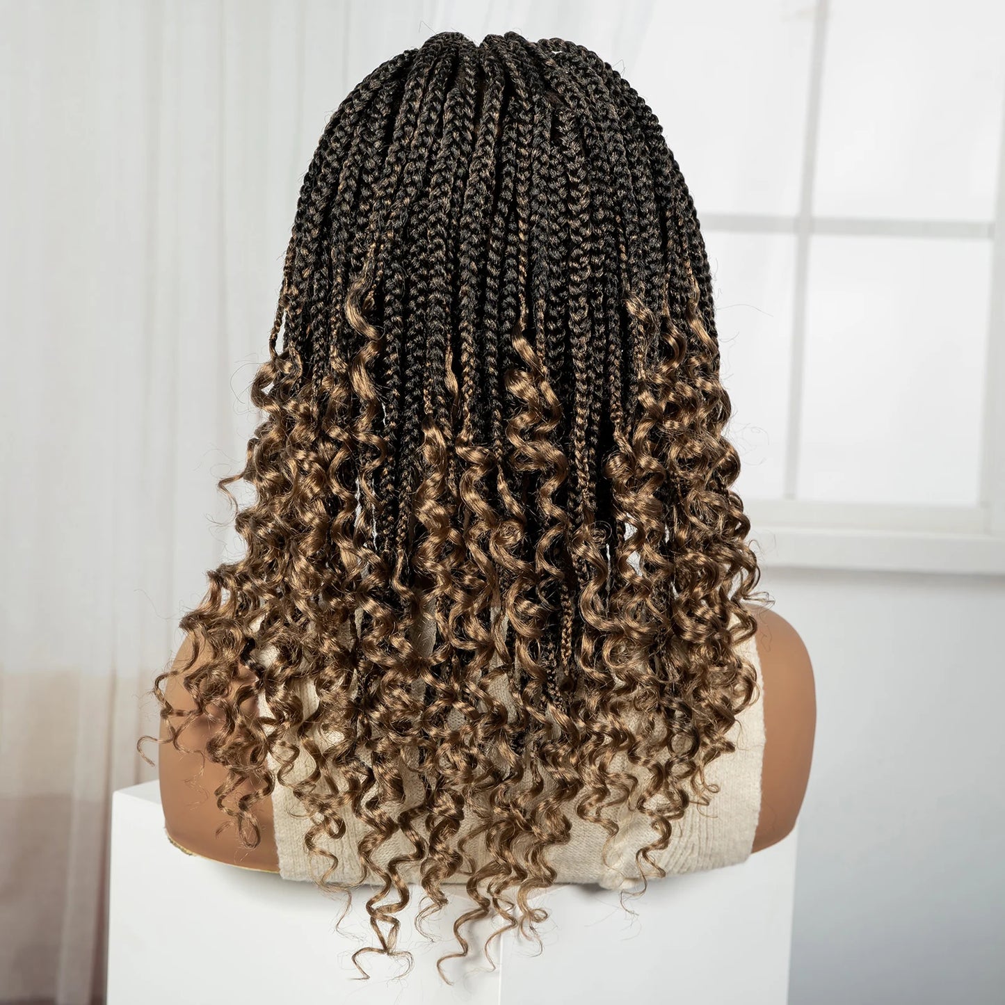 Knotless Box Boho Braided Wigs with Curly Ends Synthetic Full Lace Braided Lace Wigs Short Braided Bob Wig for Black Women