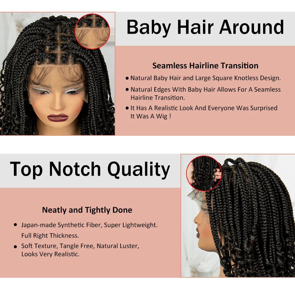 Knotless Box Boho Braided Wigs with Curly Ends Synthetic Full Lace Braided Lace Wigs Short Braided Bob Wig for Black Women