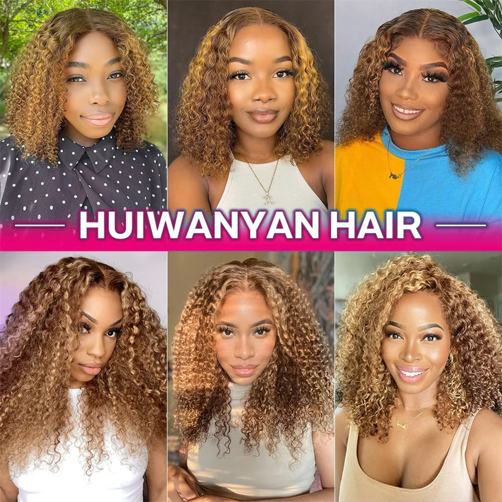 Highlight Short Bob Wigs Deep Wave 13x4 Lace Frontal Wig Human Hair Kinky Curly Frontal Bob Wig 4/27 Ombre Color 250% Density