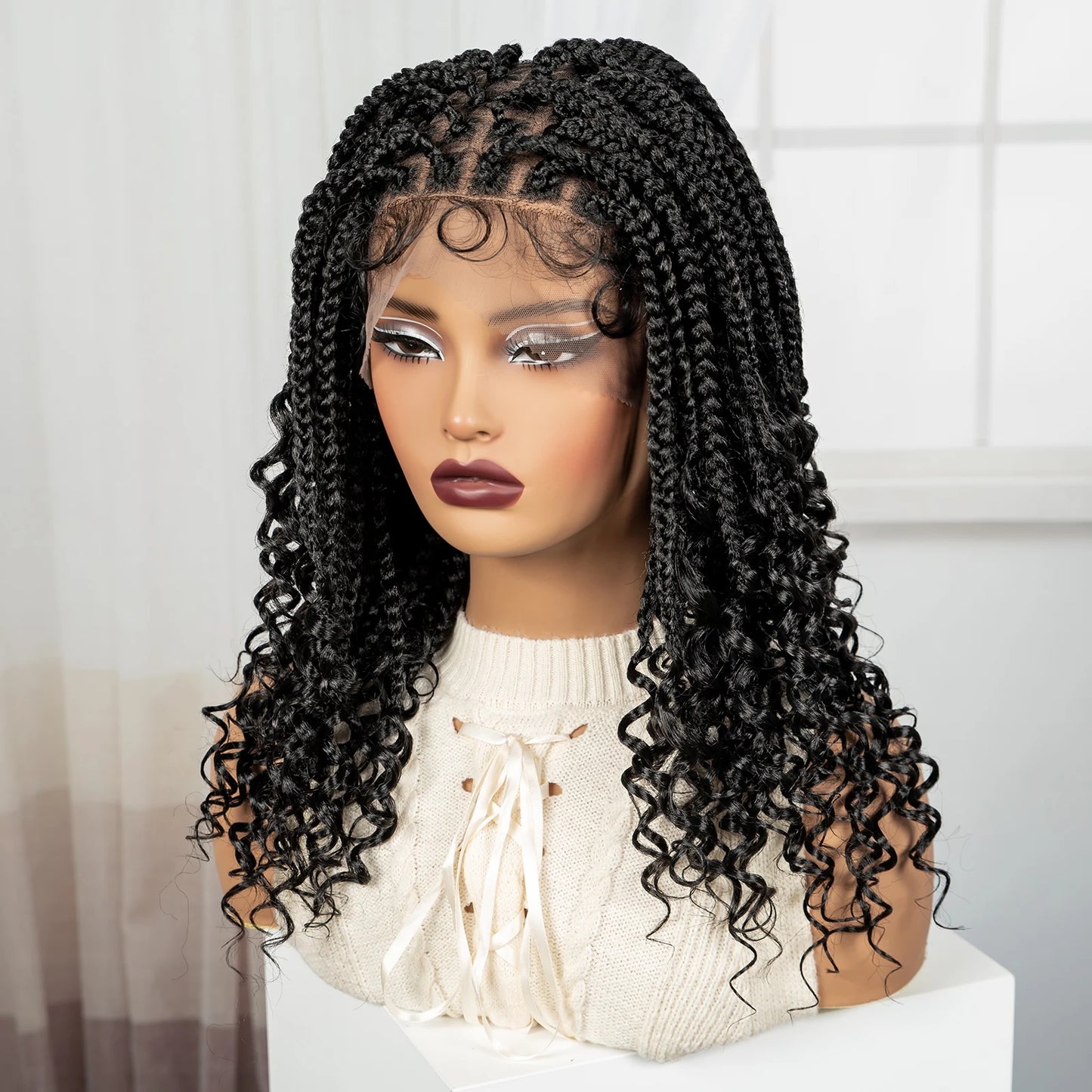 Knotless Box Boho Braided Wigs with Curly Ends Synthetic Full Lace Braided Lace Wigs Short Braided Bob Wig for Black Women