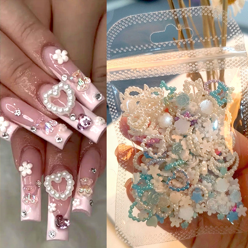 100/200pcs 3D Mixed Nail Decorations Kawaii Heart Flower Bear Pearl Design Rhinestone Nail Art Charms Jewelry Manicure Accessory