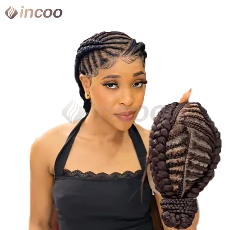 12 Inch African Cornrow Box Braids Bun Short Synthetic Full Lace Braided Wigs Glueless Natural Looking Box Braids Hair for Women