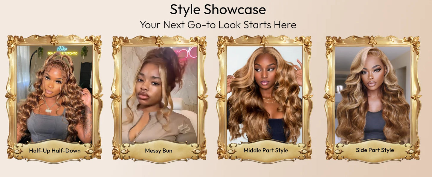UNice Honey Blonde Highlights Body Wave Human Hair Wig With Drawstring 7x5 Lace Pre Cut Pre Bleached Glueless Wig 150% Density