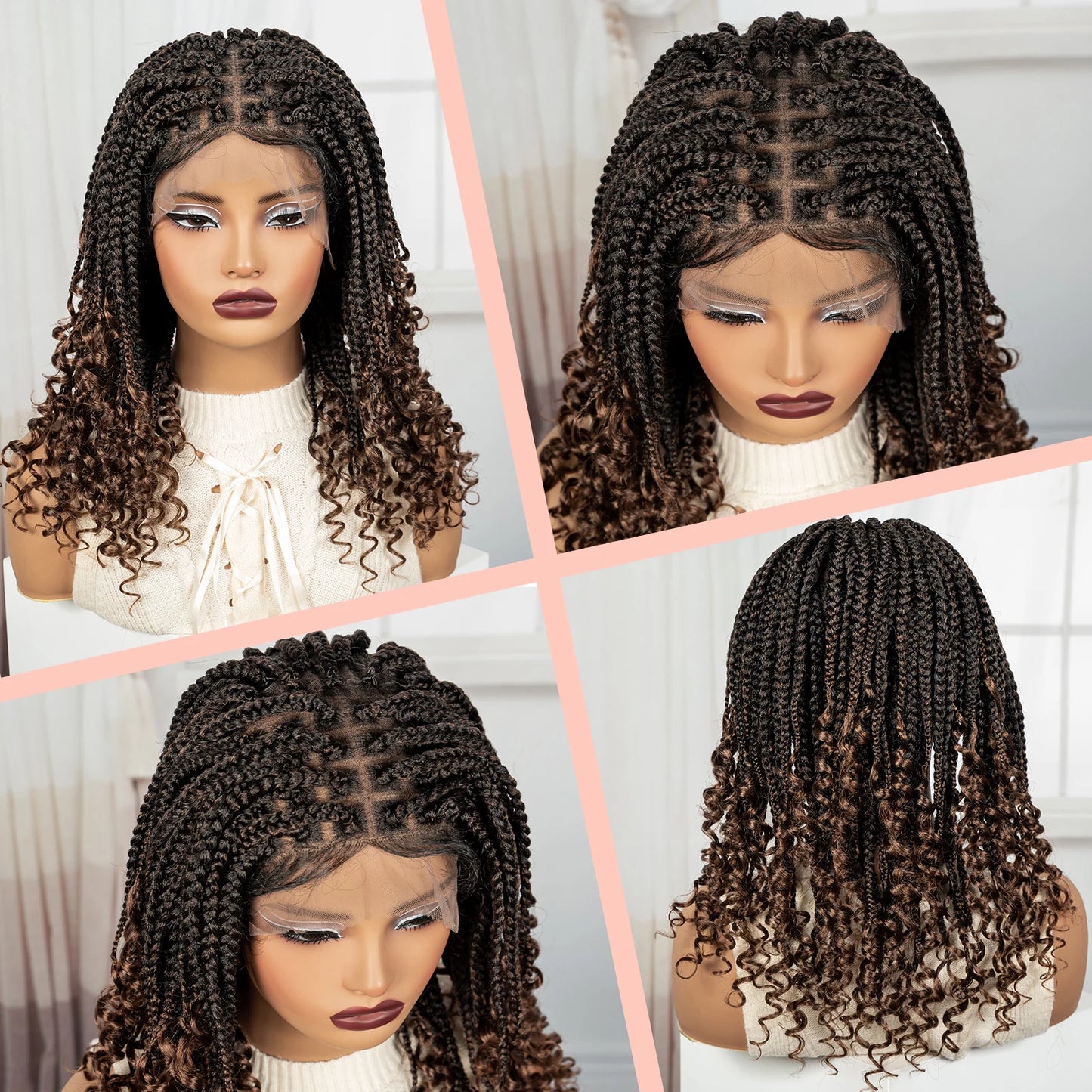 Knotless Box Boho Braided Wigs with Curly Ends Synthetic Full Lace Braided Lace Wigs Short Braided Bob Wig for Black Women
