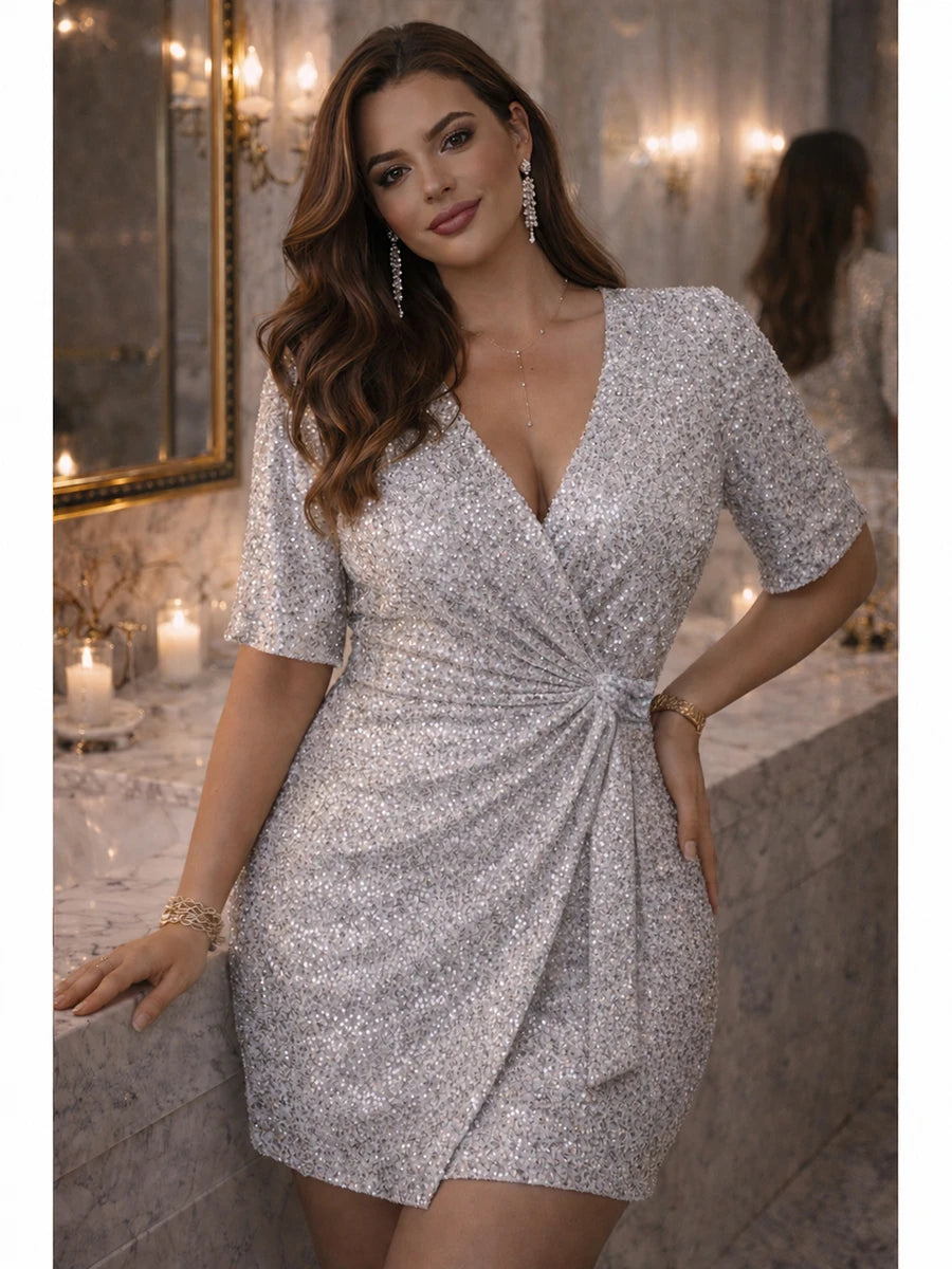 Plus Size Silver Sequin Robe Dress for Women, Open Back Sparkly Lounge Dress, Sexy Bodycon Party Night Out Cocktail Dress