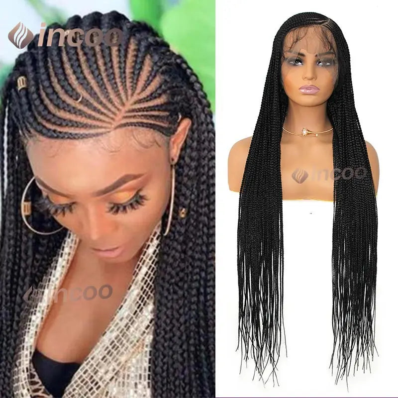 36" Cornrow Braided Wigs Synthetic Handmade Side Part Braided Wig Full Lace Frontal Braiding Wig Goddess Knotless Box Braids Wig