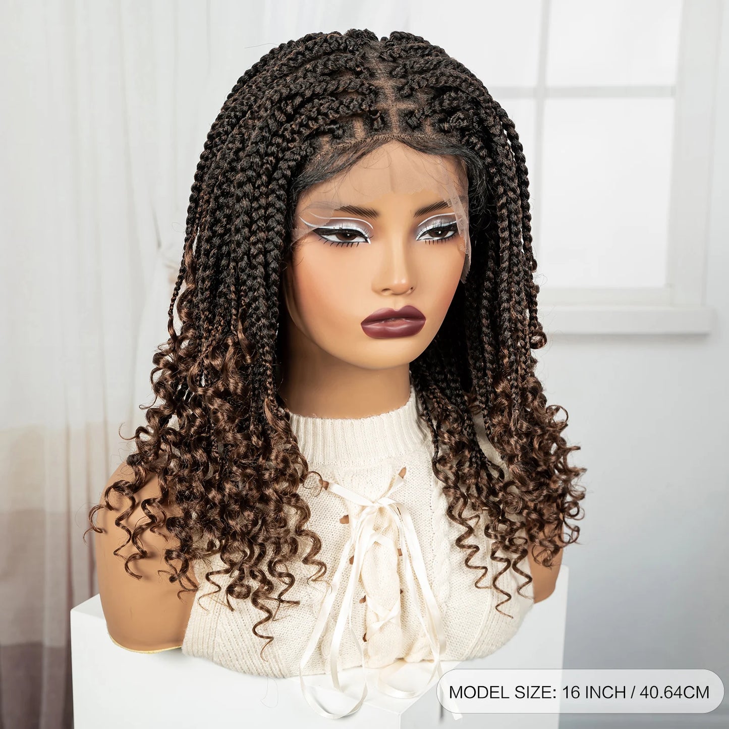 Knotless Box Boho Braided Wigs with Curly Ends Synthetic Full Lace Braided Lace Wigs Short Braided Bob Wig for Black Women