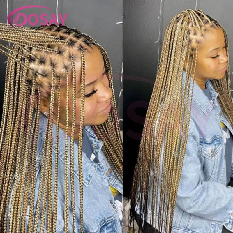 36Inch Burgundy Synthetic Long Box Braided Wig Full Lace Straight Knotless Cornrow Braid with Baby Hair for Women