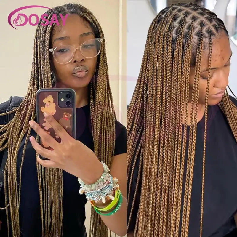 36Inch Burgundy Synthetic Long Box Braided Wig Full Lace Straight Knotless Cornrow Braid with Baby Hair for Women