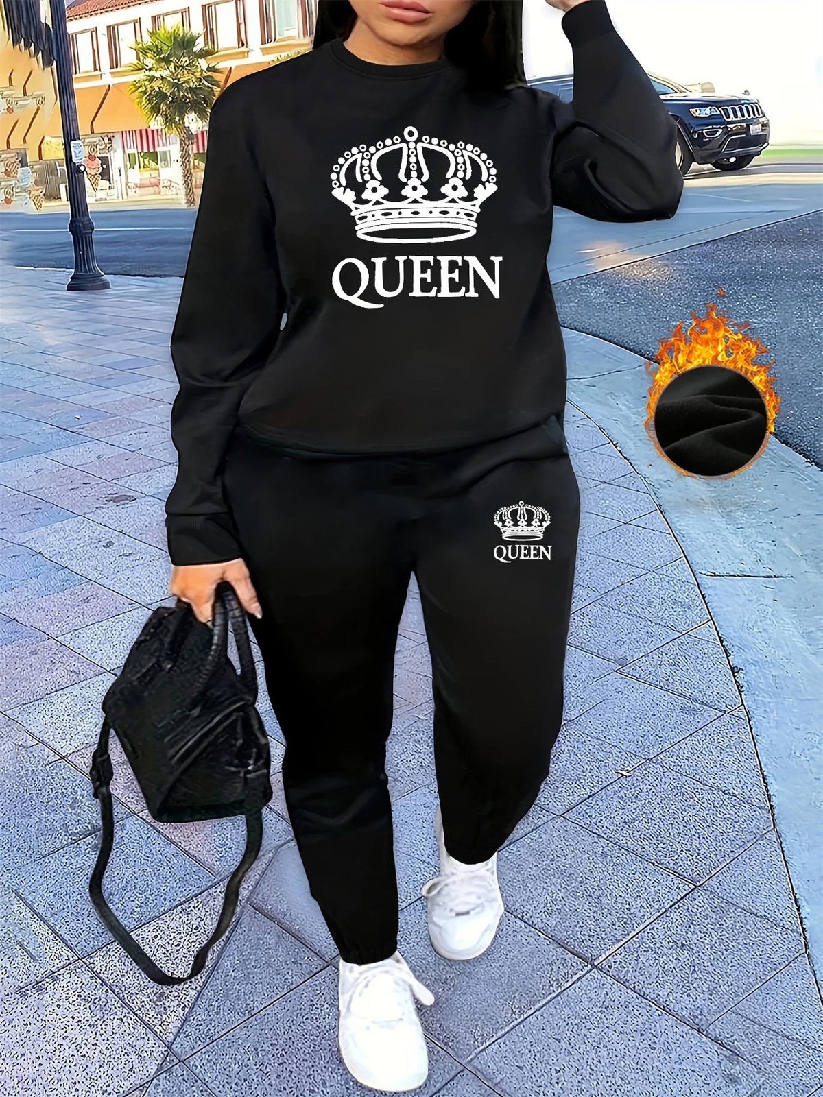 Women's Autumn/Winter Hip Hop Casual Street Classic QUEEN Pattern Printed Round Neck Sweatshirt+Sweatpants Warm Set