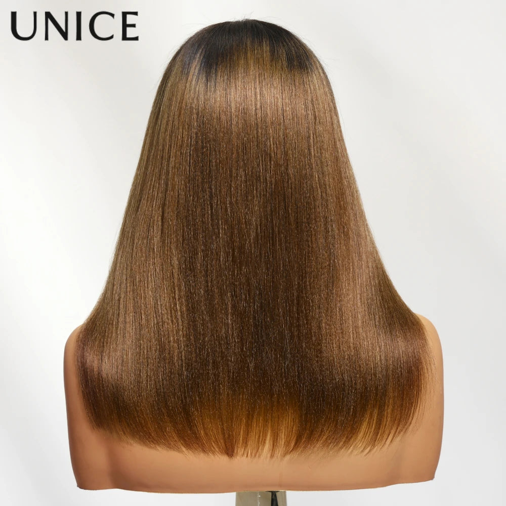 UNice Hair 7x5 & 13x4 Lace Chestnut Brown Ombre Yaki Straight Bob Wig With Drawstring Pre Cut Pre Bleached Glueless Wig Human Hair Ready To Wear