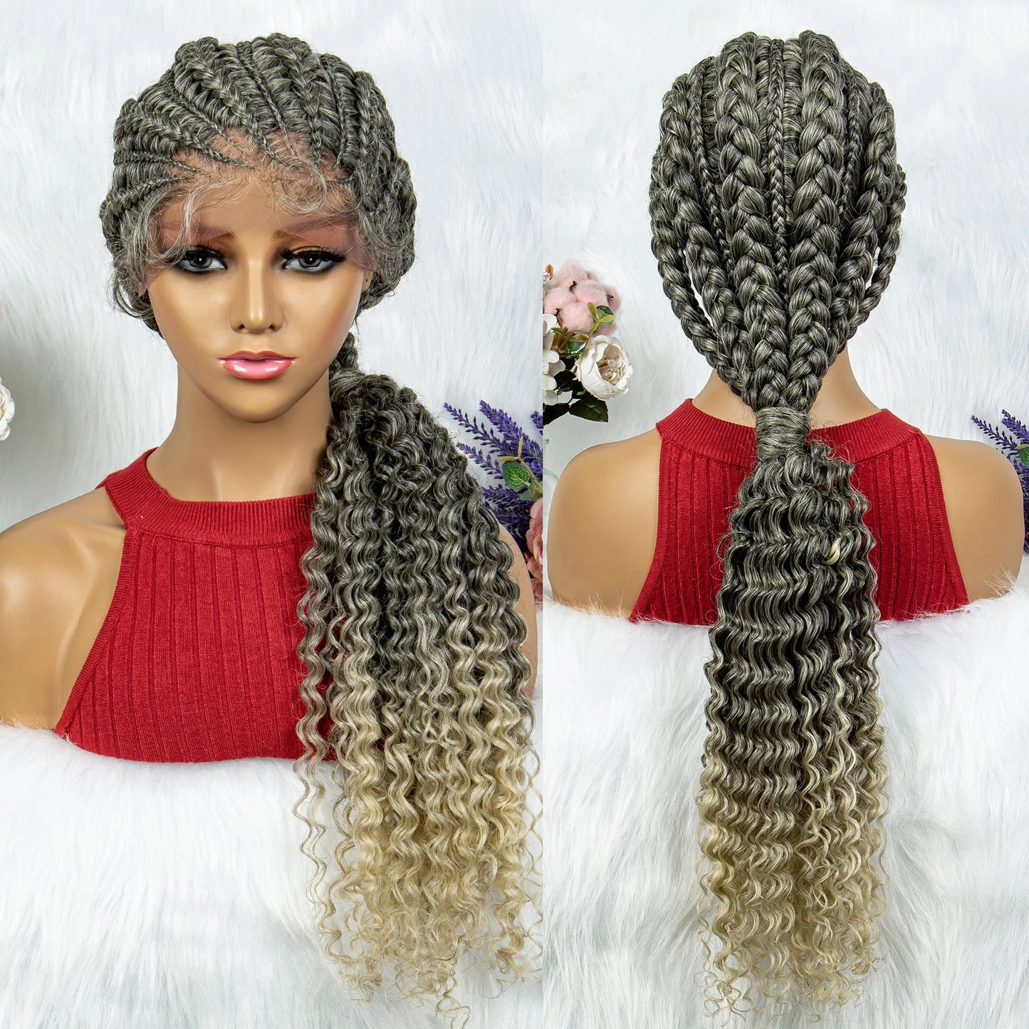 Lace Frontal Synthetic Braided Wigs Lace Front Braided Ponytail Wig Natural Knotless with Baby Hair for Black Women Daily Use