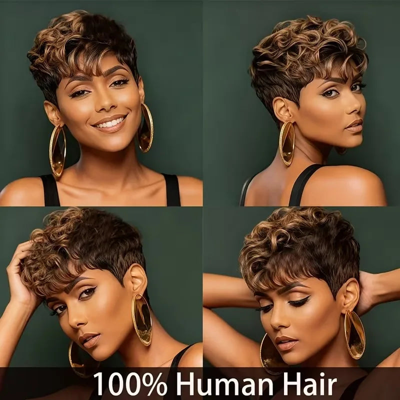 Curly Human Hair Wigs Pixie Cut Wig Coffee Brown 100%Human Hair Wig Short Kinky Curly Human Hair Full Machine Wig