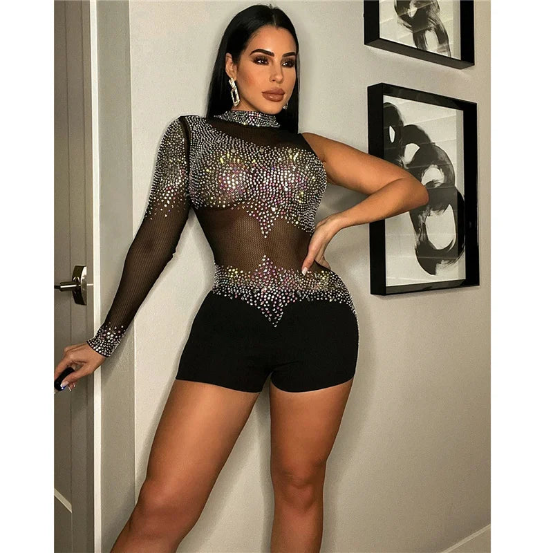 Sparkly Rhinestones Mesh Rompers Womens Jumpsuit Shorts Sexy Birthday Club Outfits One Sleeve Sheer Bodycon Playsuit Woman 2022