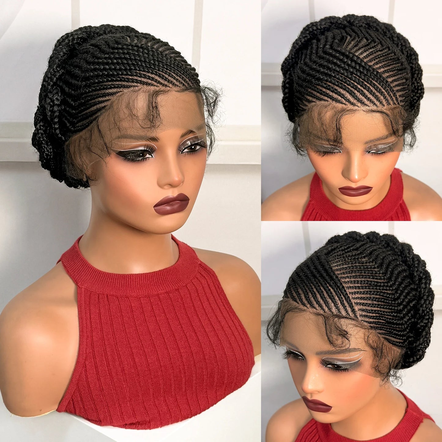 Short Natural Cornrow Braided Wigs Synthetic Full Lace Bantu Braided Wigs Knotless Braids Wigs with Baby Hair for Black Women