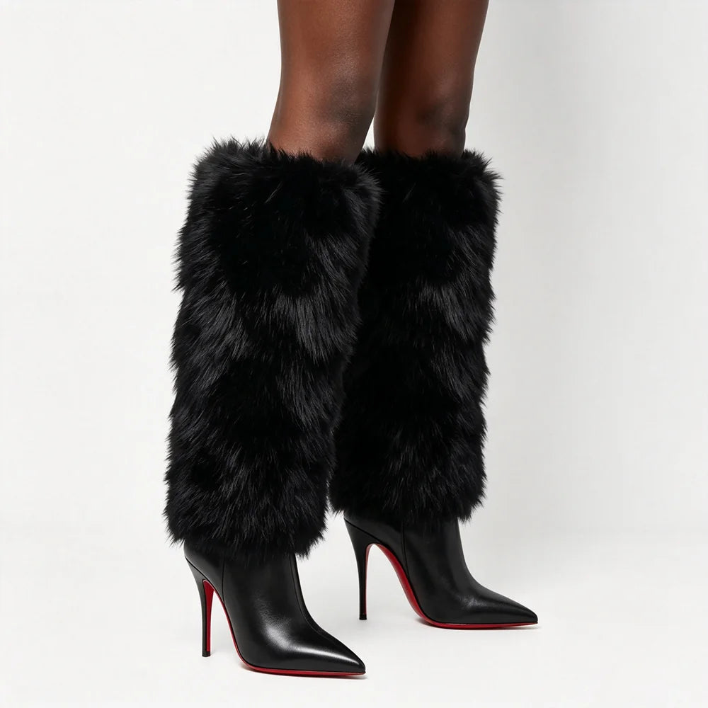 Autumn And Winter Women Fur Knee High Boots Pointed Toe Thin Stiletto Heel Leather Fashion Party Luxury Long Boots Big Size