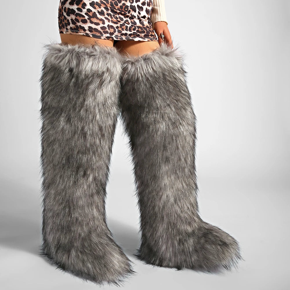 Women's Cozy Faux Fur over the Knee Boots Thigh High Fluffy Y2K Furry Fuzzy Warm Outdoor Comfortable Girls Boot