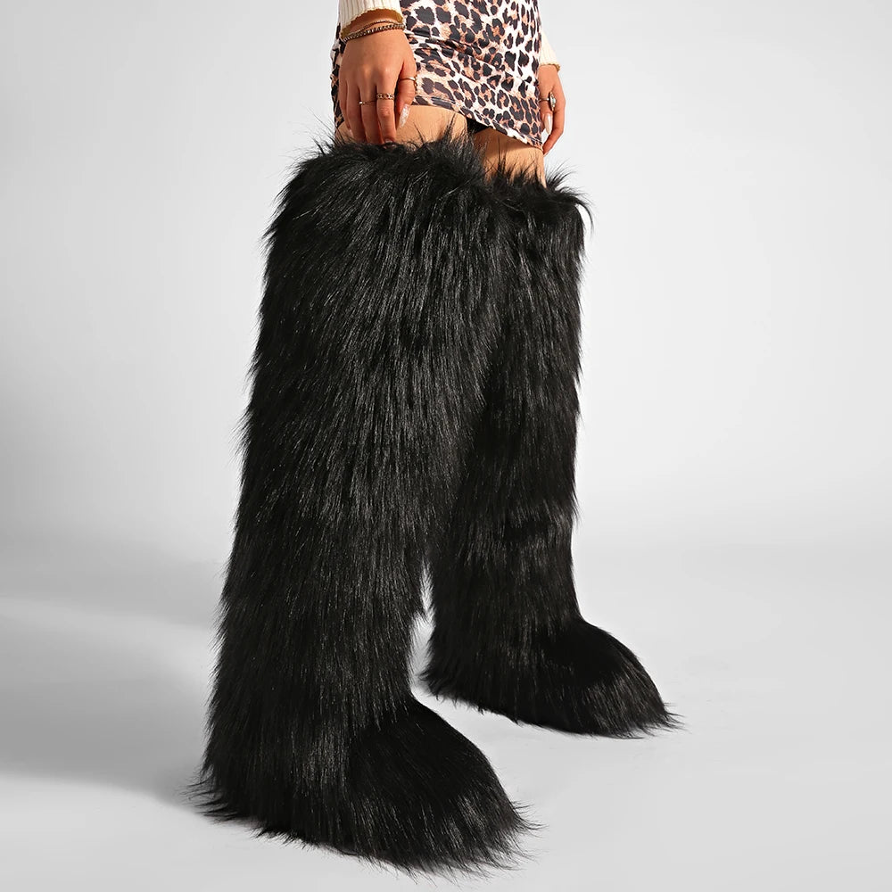 Women's Cozy Faux Fur over the Knee Boots Thigh High Fluffy Y2K Furry Fuzzy Warm Outdoor Comfortable Girls Boot
