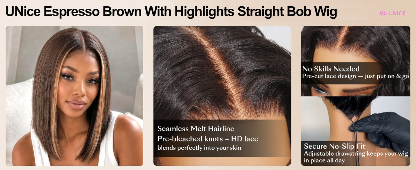 UNice Espresso Brown With Highlights Straight Bob Wig No-Slip 7x5 Lace Glueless Wig Human Hair Ready To Wear