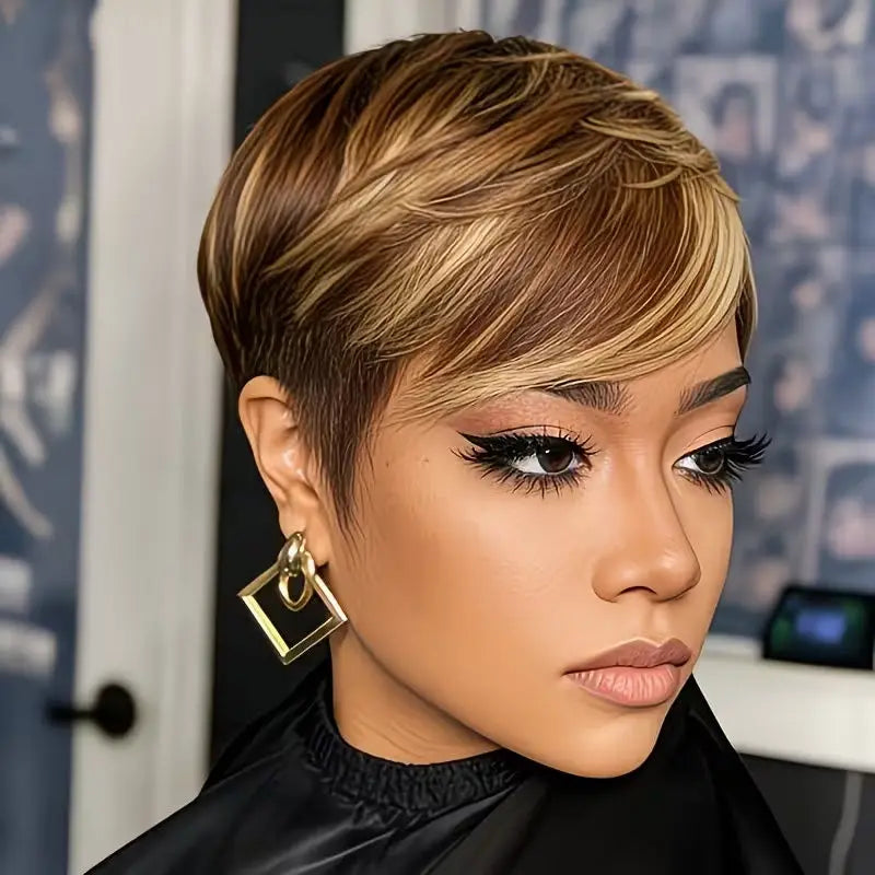 Straight Pixie Cut Human Hair Wig Full Machine Made With Bangs Brown Blonde Highlight 6Inch Short Wig For Black Women Daily Wear