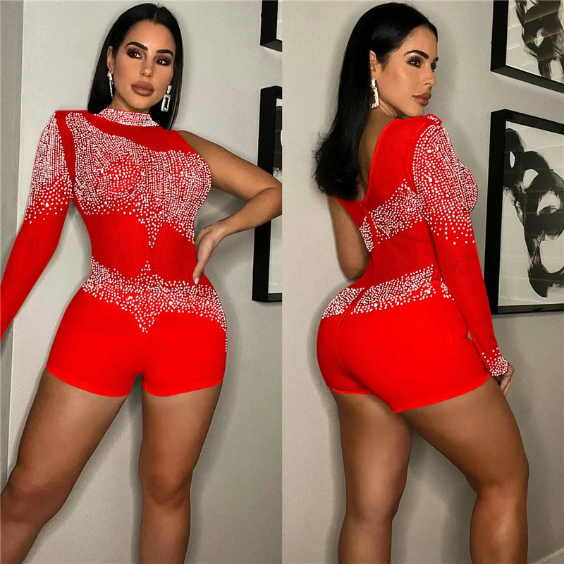 Sparkly Rhinestones Mesh Rompers Womens Jumpsuit Shorts Sexy Birthday Club Outfits One Sleeve Sheer Bodycon Playsuit Woman 2022