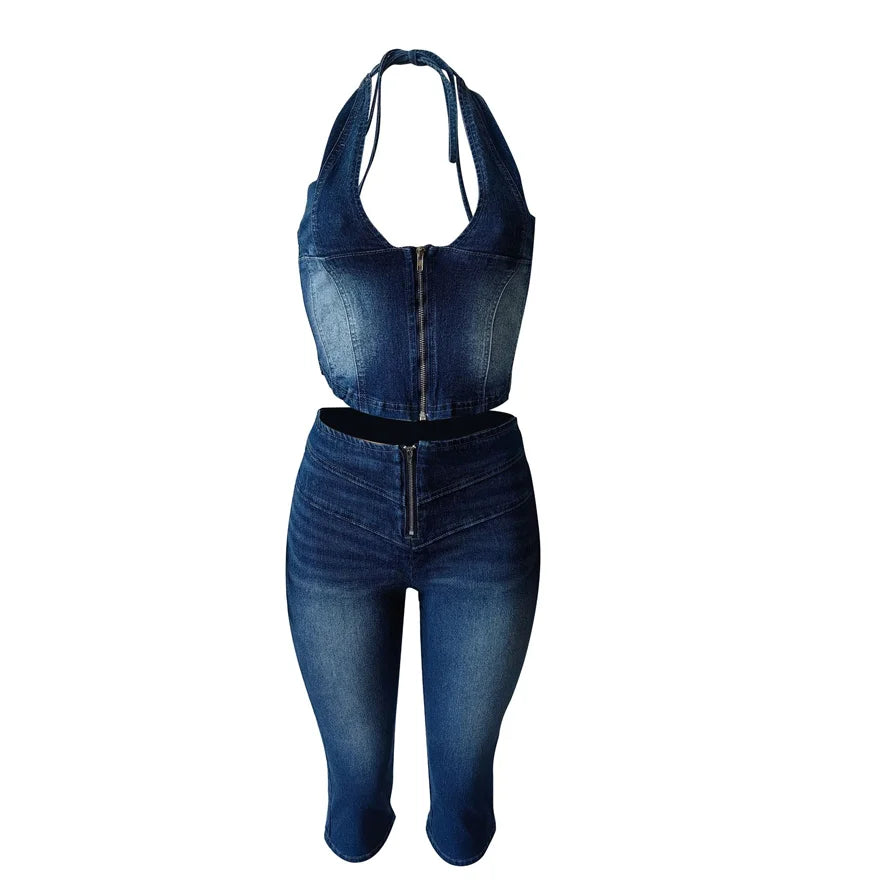 Cutenew Women Denim 2 Piece Set  Summer Halter Wrap Chest Backless Zip Halter Tops+Shorts Matching Hipster Vintage Streetwear