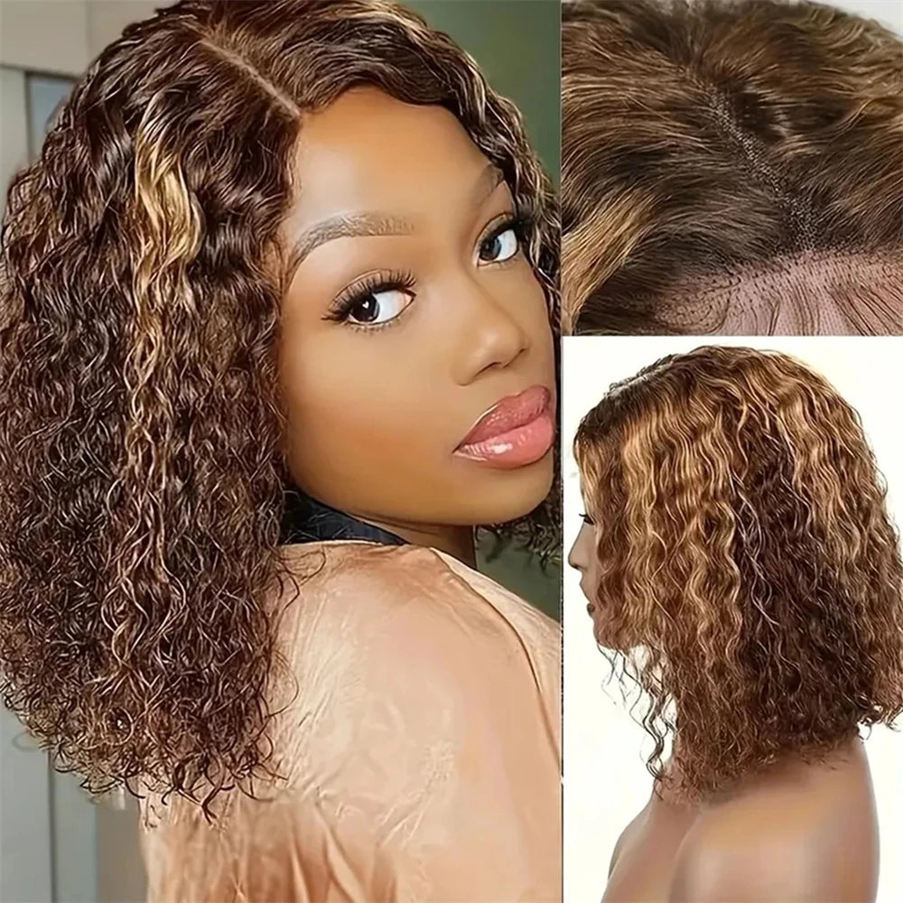 Highlight Short Bob Wigs Deep Wave 13x4 Lace Frontal Wig Human Hair Kinky Curly Frontal Bob Wig 4/27 Ombre Color 250% Density