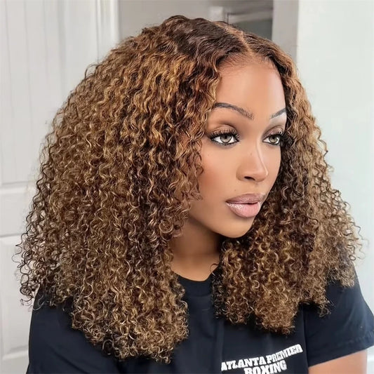 Highlight Short Bob Wigs Deep Wave 13x4 Lace Frontal Wig Human Hair Kinky Curly Frontal Bob Wig 4/27 Ombre Color 250% Density