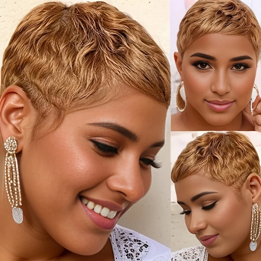 Chic Elegant 27#/30# Color Pixie Cut Curly Wave Human Hair Wig for Women Full Machine Made Wig for Daily Wear and Party 150% Density 4Inch