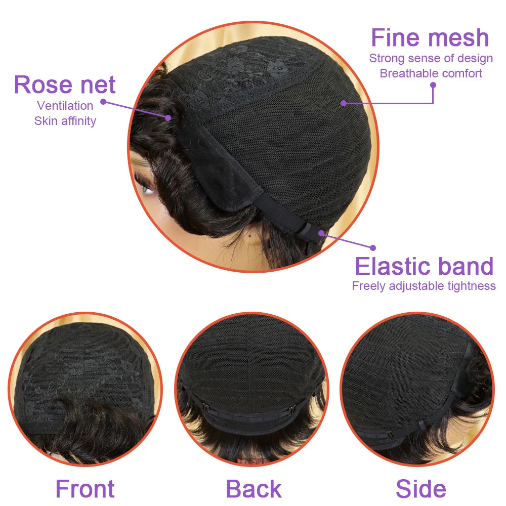 Short Pixie Cut Natural Black Machine Made Wigs Human Hair With Bang Hair Daily Use Short Hair Costume Party Wig for Women