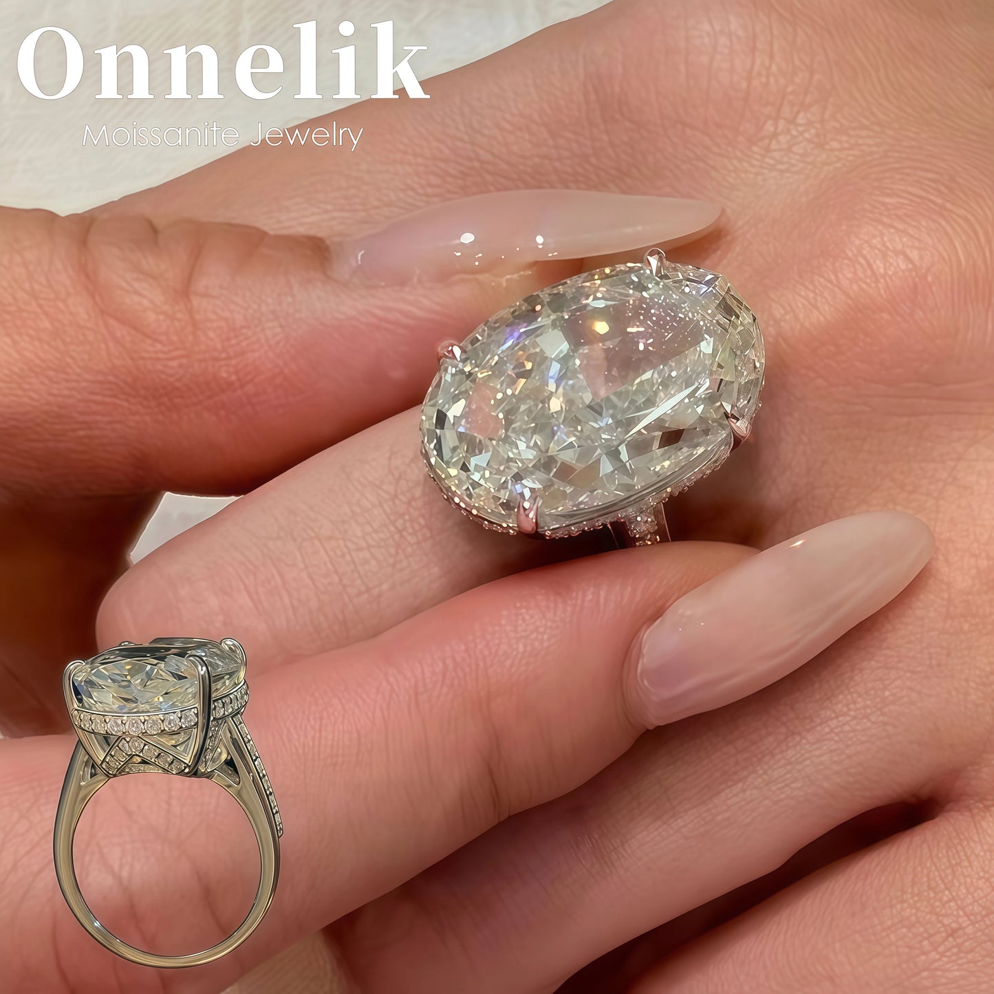 Onnelik S925 Sterling Silver 20CT Large Carat Moissanite Egg Shape Ring Minimalist Band Luxury Jewelry for Women Elegant Gifts