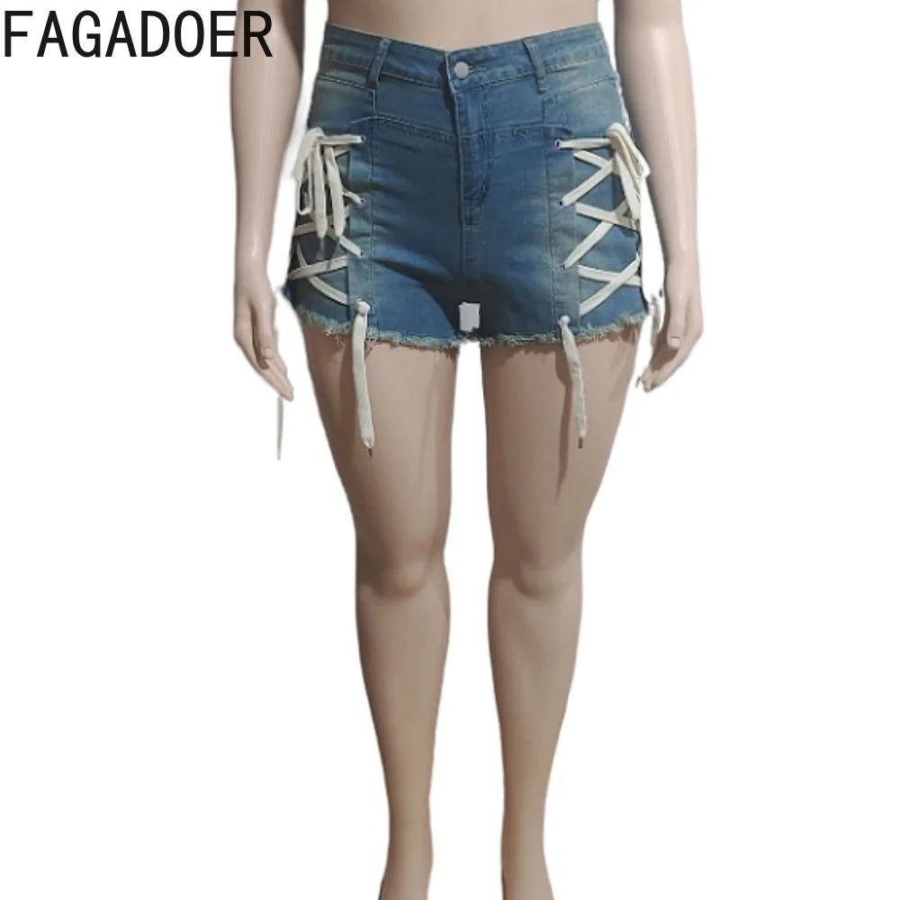 FAGADOER Fashion Hot Girl Street Lace Up Jean Shorts Women High Waisted Button Slim Denim Shorts Female Bandage Cowboy Bottoms