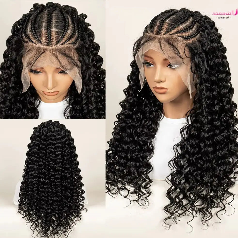 Half Braided Hair Wigs With Baby Natural Cornrow Synthetic Hair wig Deep Wave Full Lace Wigs 26 inch For Black Women