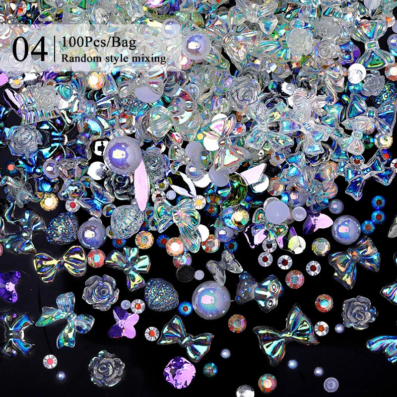 100/200pcs 3D Mixed Nail Decorations Kawaii Heart Flower Bear Pearl Design Rhinestone Nail Art Charms Jewelry Manicure Accessory
