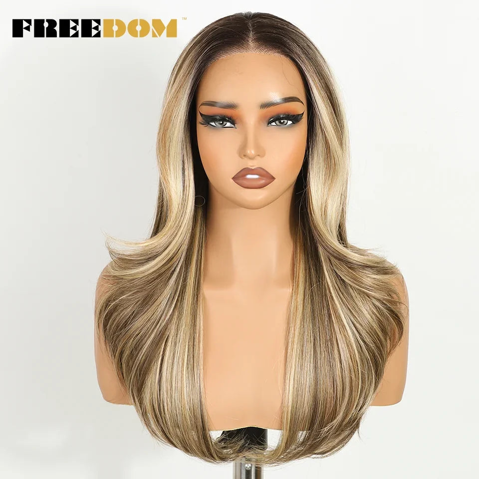 FREEDOM Layered Synthetic Lace Front Wigs For Women 20 Inch Ombre Blonde Wavy  6X4 Pre Plucked Wear And Go Glueless Lace Wigs