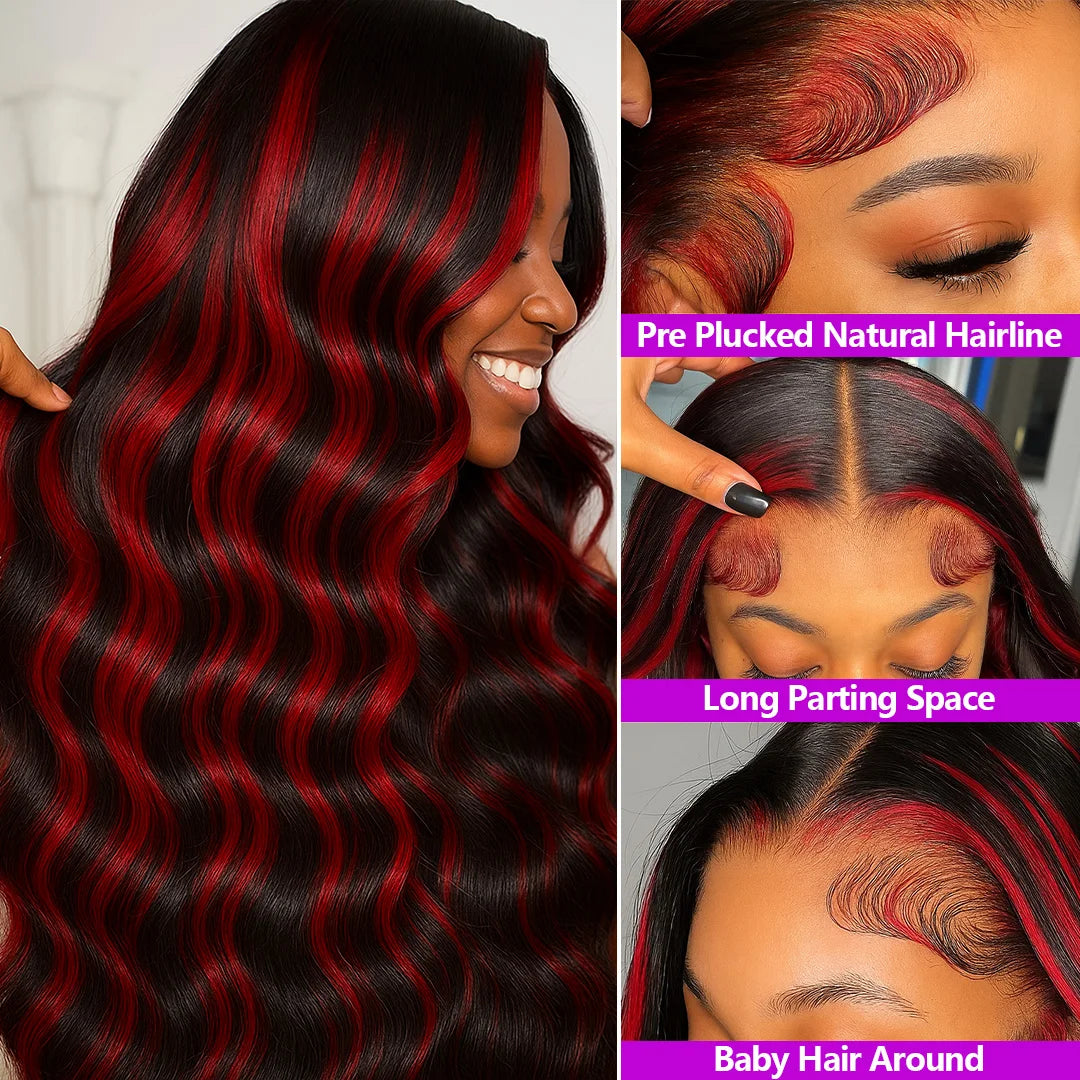 Red Black Human Hair Wigs Highlight Body Wave Human Hair Wigs 5x5 Lace Front Wigs Glueless Wig Colored Curly Human Hair Wigs