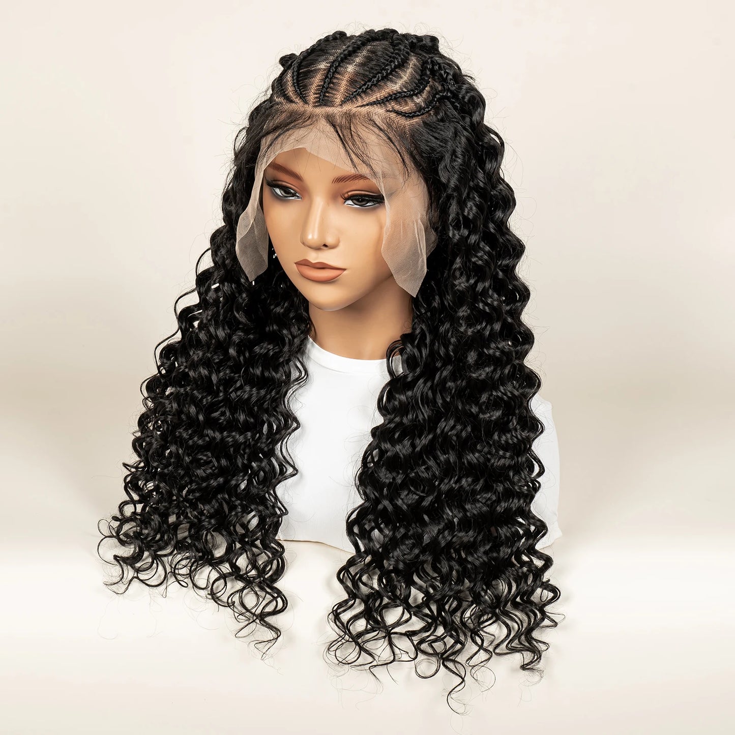 Half Braided Hair Wigs With Baby Natural Cornrow Synthetic Hair wig Deep Wave Full Lace Wigs 26 inch For Black Women