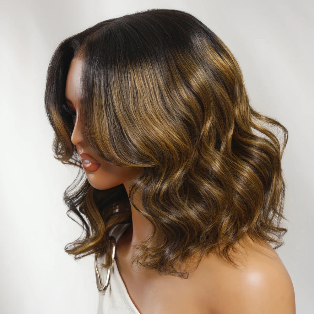 UNice 7x5 Bye Bye Slip™ Lace Balayage Highlight Wavy Bob Wig With Drawstring Put On & Go Glueless Human Hair Wig Ready To Wear